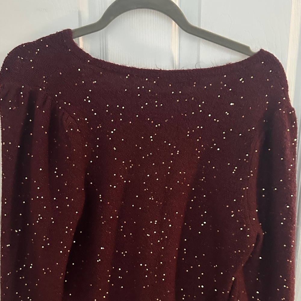 LOFT Burgundy V-Neck Sweater with Glitter Details - Picture 8 of 10